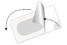 Diagram showing a flap of white material being lifted and folded downward, indicated by two black curved arrows