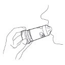 Thin line drawing of a hand holding a medicine bottle near a person's nose to inhale its contents