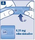 Two hands holding a blue medical device with an arrow indicating rotation to select the dosage of 0.25 mg shown at the bottom
