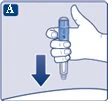 A hand holding an injection pen pointing downward with a blue arrow indicating the direction of movement toward the skin
