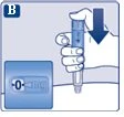 A hand holding an injection pen pointing downward with a blue arrow and an inset showing the dosage set to zero