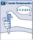 Illustration of a hand holding an injection device on the skin with a speech bubble indicating to count slowly from 1 to 6