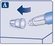 A blue arrow indicates the motion of inserting a transparent protective cap onto the tip of a medical injection pen