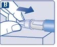 Hands holding a horizontal syringe with a blue arrow indicating removal or movement to the right