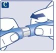 Two hands gripping a blue and silver cylindrical medical device and rotating or pulling it to the left as indicated by a dark arrow