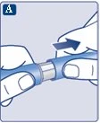 Two hands holding a blue and white cylindrical medical device, with a dark arrow indicating rotational or separating movement to the right