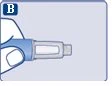 A hand holding horizontally a blue and gray medical device with a central transparent window on a light blue background with the letter B