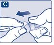 Two hands holding a medical device and rotating it to the left following the direction indicated by a dark blue arrow