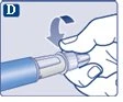 A hand turning the top part of an injection pen downward following the direction indicated by a curved blue arrow