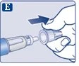 A hand grasping and sliding a protective cap sideways off a medical device with a blue arrow indicating the direction of movement
