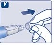Hands holding an injection pen to apply a protective cap onto the tip