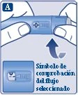 Two hands holding a blue medical device with an arrow pointing to the flow control symbol in a separate box at the bottom left