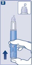 A hand holding a blue and white cylindrical medical device with an arrow pointing toward the