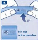 Due mani tengono un dispositivo medico azzurro con una freccia che indica la rotazione del dosaggio impostato su 0,5 mg selezionati