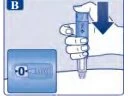 Una mano impugna una penna iniettore premendo verso il basso con una freccia blu e un dettaglio del dosaggio che indica lo zero