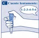 Disegno di una mano che impugna un autoiniettore con un fumetto che riporta la sequenza numerica 1-2-3-4-5-6 e la scritta Cuente lentamente