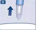 Illustrazione medica con freccia blu rivolta verso l'alto accanto a un dispositivo di iniezione pen a punta sottile su sfondo azzurro chiaro