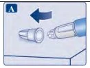 Illustrazione medica che mostra una freccia blu rivolta a sinistra che indica l'inserimento di un cappuccio bianco su una penna iniettore