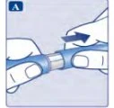 Due mani tengono un dispositivo medico cilindrico blu e bianco e lo tirano in direzioni opposte come indicato da una freccia scura