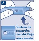 Due mani tengono un dispositivo medico blu con un indicatore di flusso selezionato e un dettaglio ingrandito del simbolo di controllo sul lato