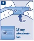 Due mani tengono una penna iniettiva blu con una freccia che indica la selezione del dosaggio di 0,5 mg visualizzato in un riquadro in basso