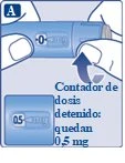 Due mani tengono un dispositivo medico blu con un contatore di dosaggio che indica 0 mg e un riquadro con la scritta 0,5 mg
