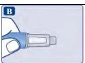 Una mano impugna un dispositivo medico cilindrico di colore blu e bianco per la somministrazione di un farmaco con la lettera B in alto a sinistra