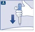 Una mano impugna una penna iniettore verticale con una freccia blu rivolta verso il basso che indica la direzione dell'iniezione sulla pelle