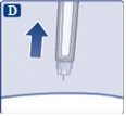 Illustrazione medica con una freccia blu rivolta verso l'alto accanto a una penna iniettoreia posizionata verticalmente su sfondo azzurro