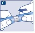 Due mani impugnano e spingono con forza un dispositivo medico cilindrico blu verso la parte centrale per agganciare i componenti