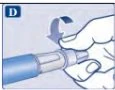 Una mano ruota la parte superiore di una penna iniettore medica seguendo la direzione indicata da una freccia curva blu