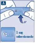 Due mani tengono una penna iniettiva blu con una freccia che indica la rotazione per selezionare il dosaggio di 1 mg visualizzato in un riquadro