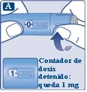 Illustrazione di una penna iniettiva azzurra tenuta tra due mani con una freccia curva che indica la rotazione del dispositivo e un riquadro con il numero 1