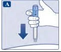 Una mano impugna una penna iniettore pronta per essere premuta verso il basso sulla pelle seguendo la direzione della freccia blu