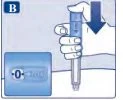 Una mano impugna una penna iniettiva verso il basso con una freccia blu che indica il movimento e un dettaglio del dosaggio su sfondo azzurro