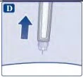 Freccia blu rivolta verso l'alto accanto a un dispositivo medico bianco con punta sottile su sfondo azzurro con lettera D in alto a sinistra
