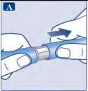 Due mani separano con forza due parti di un dispositivo medico cilindrico di colore azzurro indicato da una freccia nera verso destra