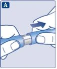 Due mani tengono un dispositivo medico cilindrico blu e bianco e lo separano tirando verso l'esterno come indicato da una freccia scura