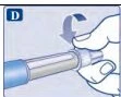 Una mano ruota la parte superiore di un dispositivo medico cilindrico blu e trasparente verso il basso seguendo una freccia curva