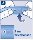 Due mani tengono un dispositivo medico azzurro con una freccia che indica il movimento di rotazione per selezionare il dosaggio di 1 mg
