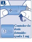Mani che tengono un dispositivo medico azzurro con contatore che segna zero e un riquadro che indica un residuo di 1 mg