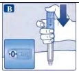 Una mano tiene una penna iniettore con una freccia blu rivolta verso il basso e un riquadro che mostra il dosaggio impostato a zero unità