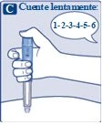 Una mano impugna una penna iniettiva verso la pelle con un fumetto che indica di contare lentamente da uno a sei