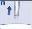 Diagramma medico con una freccia blu rivolta verso l'alto accanto a una penna iniettore verticale su sfondo azzurro con lettera D in alto a sinistra