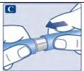 Due mani tengono un dispositivo cilindrico blu e bianco, con una freccia che indica il movimento di separazione tra le due parti del contenitore