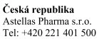 Testo in nero su sfondo bianco con la scritta Česká republika, Astellas Pharma s.r.o. e il numero di telefono +420 221 401 500