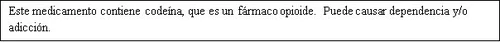 Spanish text on a white background warning that the medicine contains codeine, an opioid that can cause dependence and/or addiction