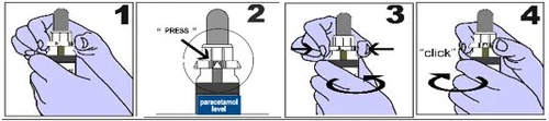 Four numbered illustrations show hands holding a medical device, pressing, rotating, and activating a mechanism with a click