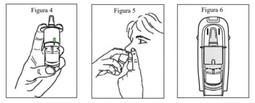 Three line drawings show a hand holding a bottle, a person using a nasal device, and a medical device viewed from the front