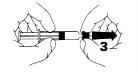 Schematic diagram showing the movement of a syringe to the right, indicated by a black arrow with the number 3 beneath it